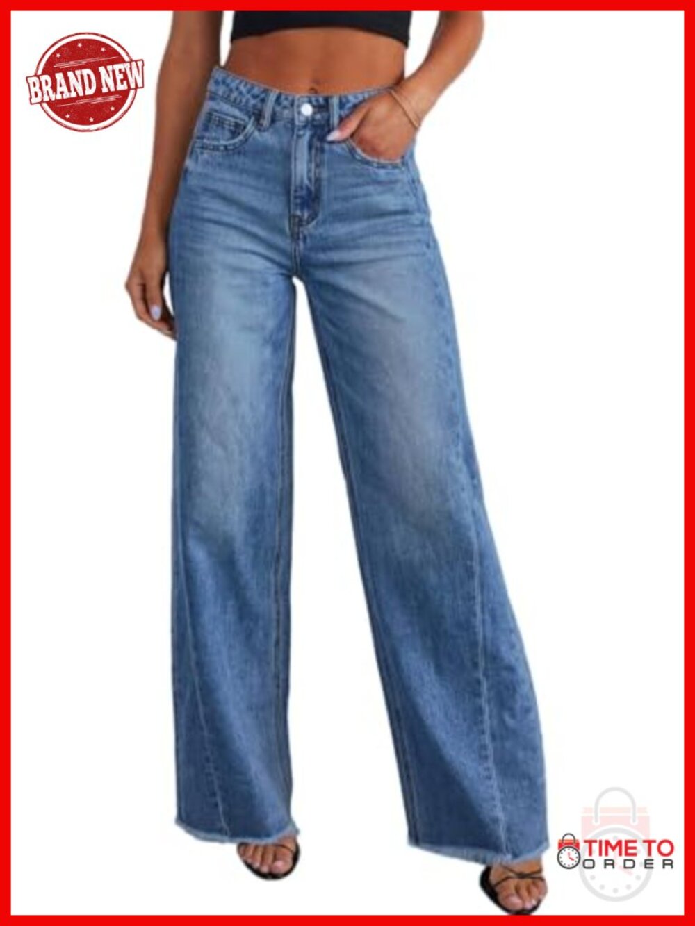 High Waisted Wide Leg Jeans Raw Hem Stretchy Denim Pants